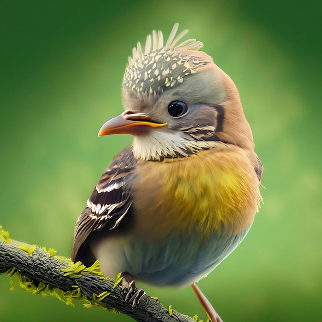 Ein süßer grüner Vogel mit Sonnenbrille auf dem Kopf, der vor einem grünen Hintergrund steht. Generative KI