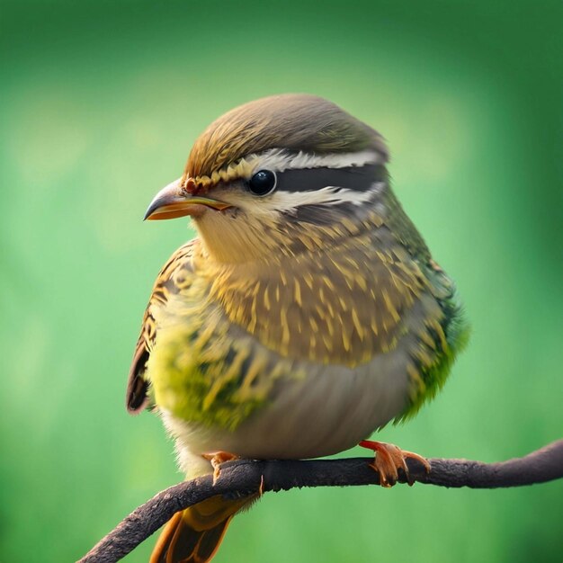 Ein süßer grüner Vogel mit Sonnenbrille auf dem Kopf, der vor einem grünen Hintergrund steht. Generative KI