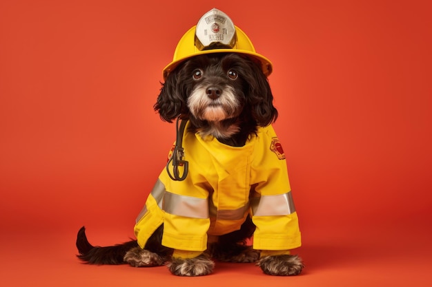 Ein süßer Hund, der sich wie ein Feuerwehrmann anzieht.