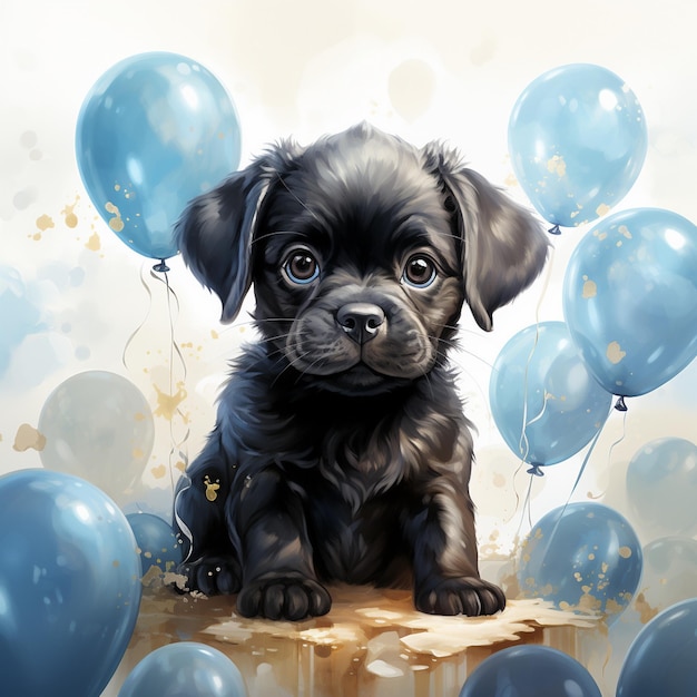 Ein süßer Hund fliegt auf blauen Ballons, Aquarell-Illustration
