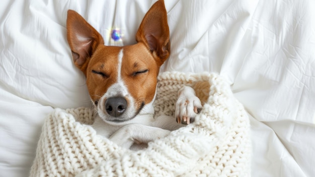 Ein süßer Hund genießt einen glücklichen Schlaf auf einem weißen Bett mit einer gemütlichen Decke, die perfekt für einen Kopierplatz ist