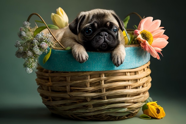 Ein süßer Hund in einem Blumenkorb