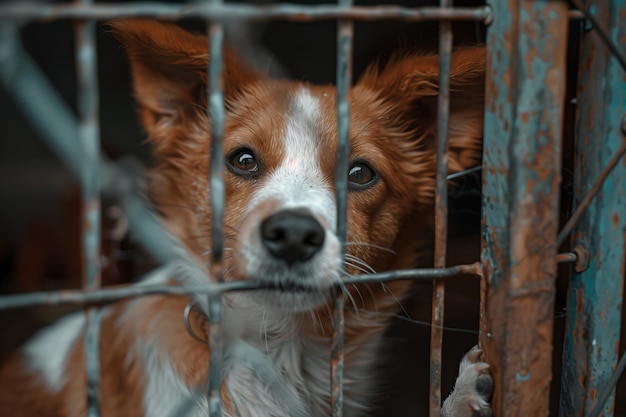 Ein süßer Hund in einem Tierheim in einem Käfig