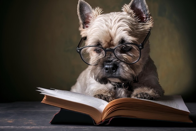 Ein süßer Hund liest ein Buch, während er eine Brille trägt