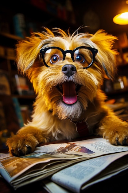 Ein süßer Hund mit Brille liest eine Zeitung mit offenem Mund