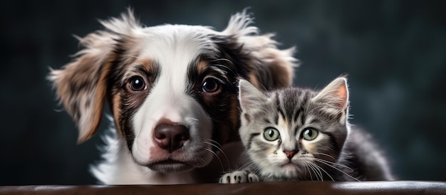 Ein süßer Hund mit einem Kätzchen auf dem Kopf. Generative KI