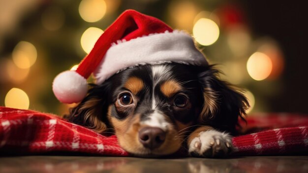 Ein süßer Hund mit einem Weihnachtsmannshut