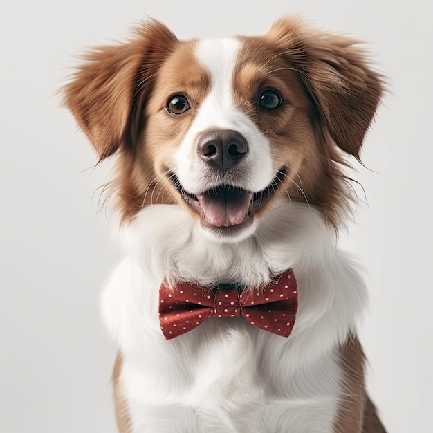 Foto ein süßer hund mit fliege, weißem hintergrund, glücklichem gesicht und offenem mund