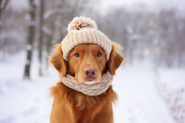 Ein süßer Hund mit Hut und Schal draußen im Winterschnee