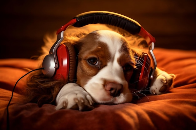 Ein süßer Hund mit Kopfhörern, der Musik hört Generative Ai