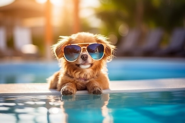 Ein süßer Hund mit Sonnenbrille steht in einer Pfütze Generative Ai