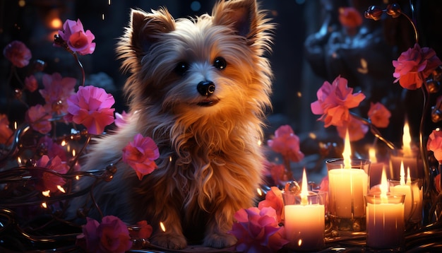 Ein süßer Hund mit Therapiekerzen und Blumen