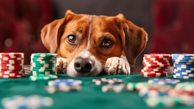 Ein süßer Hund sitzt an einem Pokertisch mit einem ernsten Gesichtsausdruck. Der Hund ist von Pokerchips umgeben.