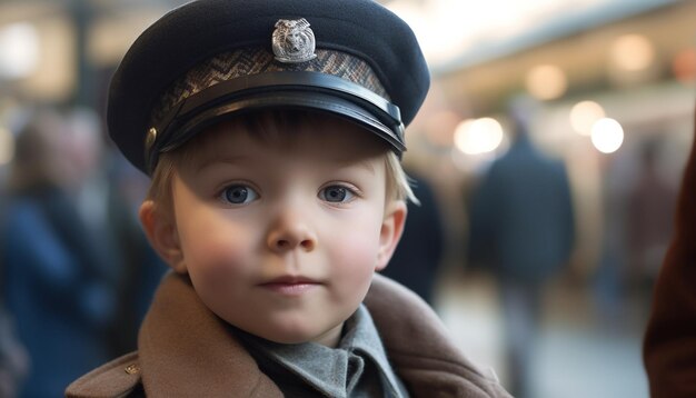 Foto ein süßer junge mit blauer mütze blickt in die von künstlicher intelligenz erzeugte kamera