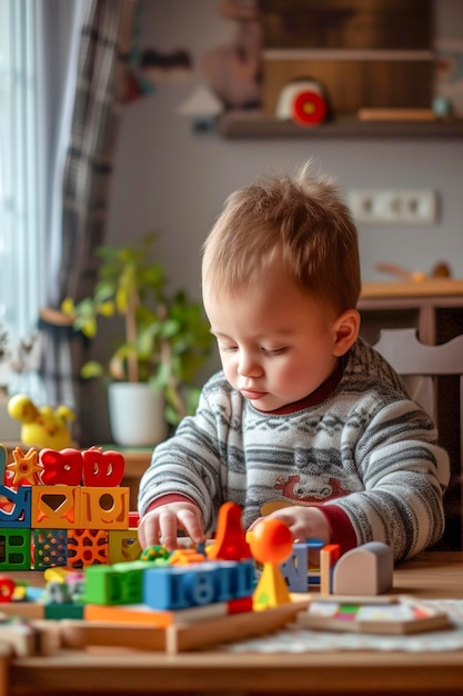 Ein süßer Junge mit Down-Syndrom spielt mit Spielzeug, während er am Tisch sitzt