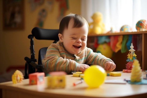 Ein süßer Junge mit Down-Syndrom spielt mit Spielzeug, während er am Tisch sitzt