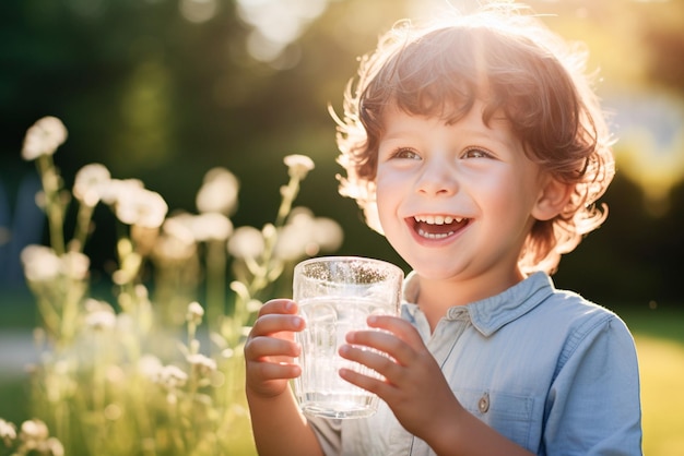 Ein süßer Junge trinkt Wasser aus einem Glas in der Natur im Dorf