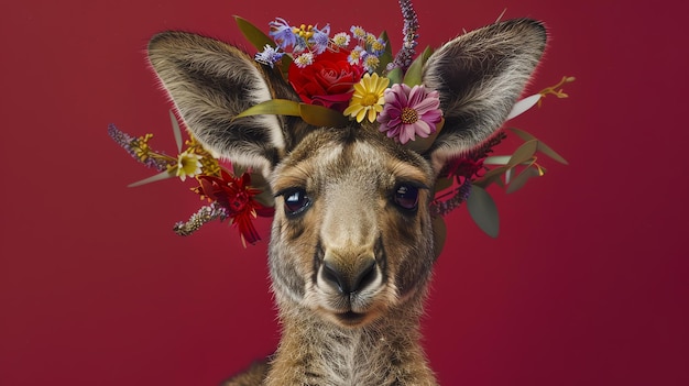 Ein süßer Känguru mit einem Blumenkränz auf dem Kopf schaut mit einem neugierigen Gesichtsausdruck in die Kamera