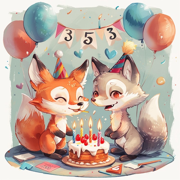 Ein süßer Kartonfuchs und ein Wolf feiern ihren Geburtstag