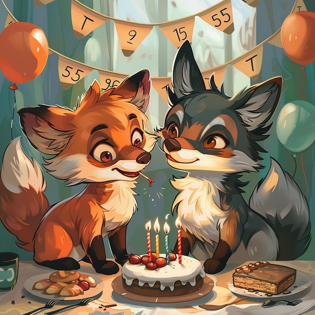 Ein süßer Kartonfuchs und ein Wolf feiern ihren Geburtstag
