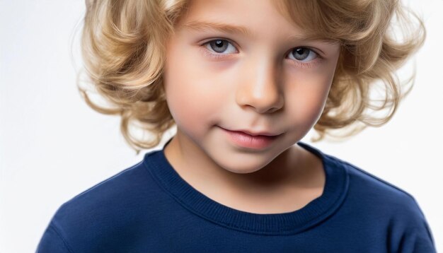 Ein süßer kaukasischer kleiner Junge mit lockigem blonden Haar, ein lächelndes Kind, das Ai erzeugt hat.