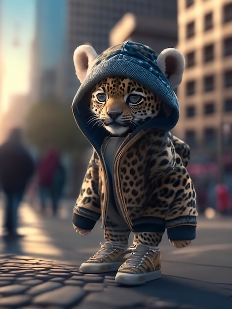Ein süßer Kawaii, ein realistischer Baby-Jaguar, der eine Jacke trägt