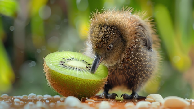 Foto ein süßer kiwi-vogel isst eine kiwi-frucht, der vogel steht auf einem holztisch und schaut in die kamera, die kiwi ist grün und saftig.