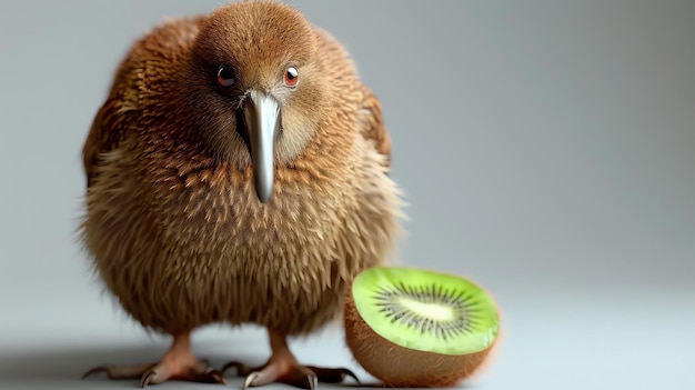 Foto ein süßer kiwi-vogel steht neben einer kiwi-frucht der vogel schaut mit einem neugierigen ausdruck in die kamera