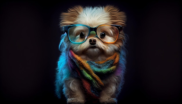Ein süßer kleiner farbenfroher Hund mit Brille