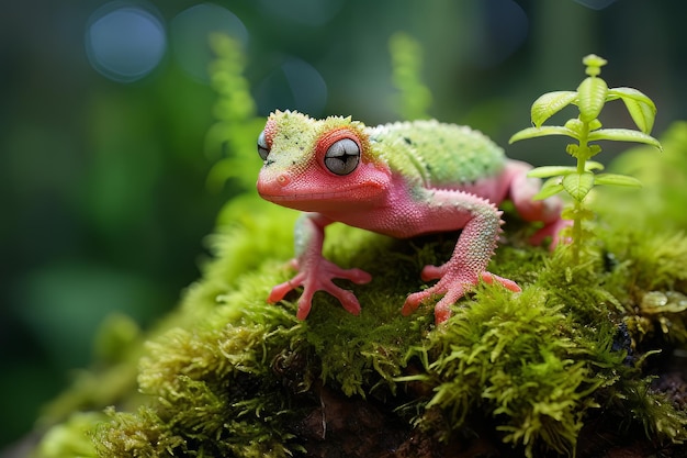 Ein süßer kleiner Gecko mit rosa Kopf sitzt auf einem grünen, moosigen Felsen