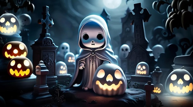 Ein süßer kleiner Geist spaziert in der Halloween-Nacht zwischen den Kürbislaternen auf einem Friedhof umher. Generative KI