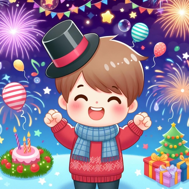 ein süßer kleiner Junge hält eine Geschenkkiste mit Bändern auf einem farbigen Hintergrund, um das neue Jahr zu feiern
