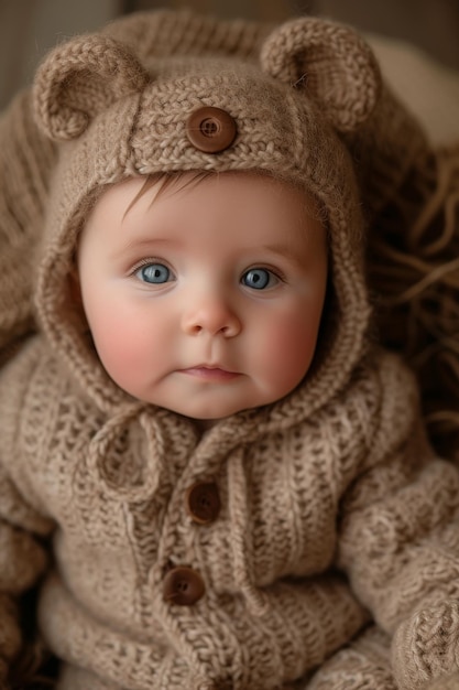 Foto ein süßer kleiner junge in handgefertigter strickkleidung posiert für die kamera