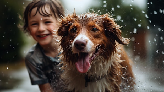 Ein süßer kleiner Junge spielt mit einem Hund im Regen, ein glückliches Kind, das sich im Freien amüsiert.