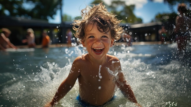 Ein süßer kleiner Junge spritzt im Sommer im Schwimmbad