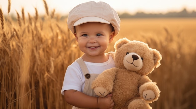 Foto ein süßer kleiner junge umarmt sein großes weiches teddybären-spielzeug, während er draußen läuft und steht