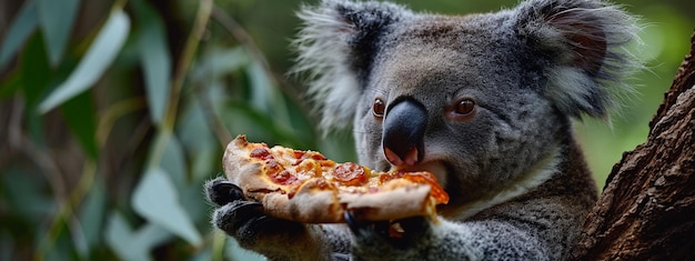 ein süßer Koala isst Pizza auf einem Baum