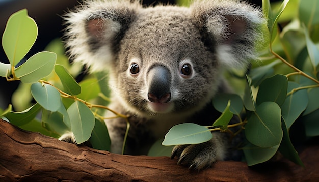 Ein süßer Koala sitzt auf einem Ast und blickt in die durch künstliche Intelligenz erzeugte Kamera