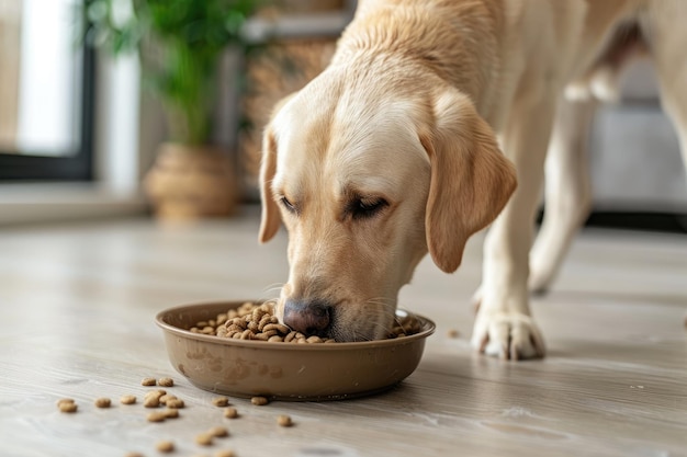 Ein süßer Labrador isst trockenes Essen aus einer Schüssel