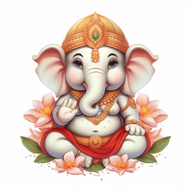 Ein süßer Lord Ganpati mit Blumen mit weißem Hintergrund