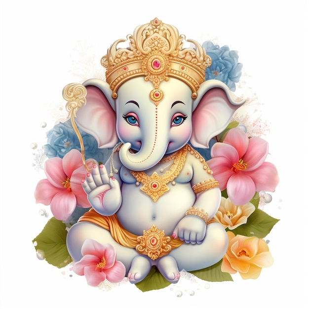 Ein süßer Lord Ganpati mit Blumen mit weißem Hintergrund