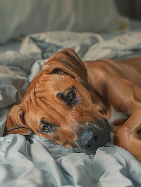 ein süßer, lustiger, glücklicher Rhodesian Ridgeback-Hund auf dem Bett