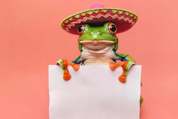 Ein süßer mexikanischer Frosch trägt einen traditionellen Sombrero-Hut und hält ein leeres Werbebotschaftsbanner