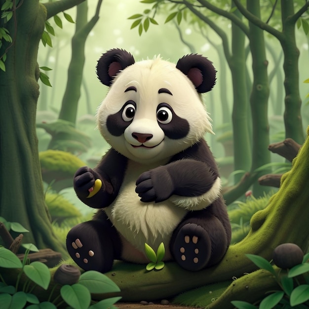 Ein süßer Panda in einem grünen Wald und einer natürlichen Atmosphäre. Er hat Zweige in der Hand