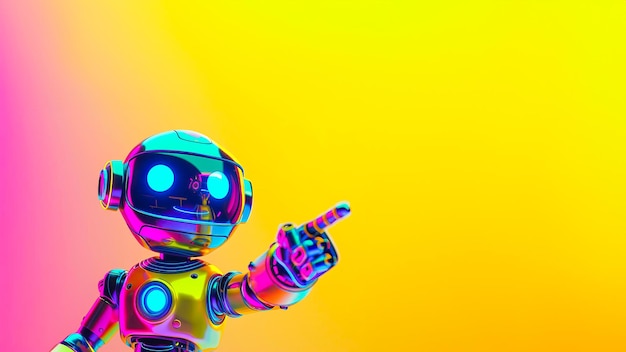 Ein süßer positiver Roboter, der auf etwas mit einem leuchtend gelben Hintergrund zeigt
