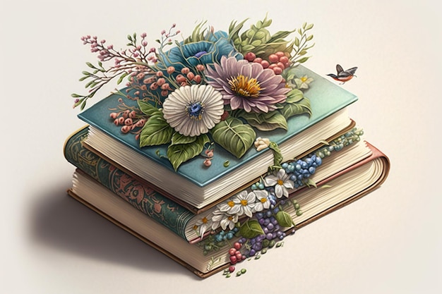 Ein süßer, schäbiger Stapel von Büchern passt in die hyperdetaillierte Blumen-Aquarell-Illustration GENERATIVE AI