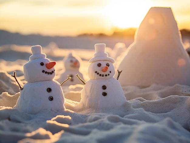 Ein süßer Schneemann am Sandstrand im Sommer