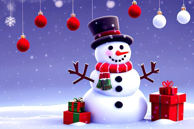 Ein süßer Schneemann mit Hut und Schal steht mit Geschenken auf einem schneebedeckten Hintergrund