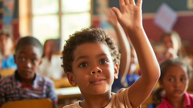 Foto ein süßer schwarzer junge hebt während eines unterrichts in der schule die hand. das kind weiß die antwort auf die frage.