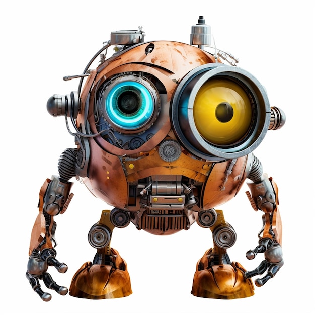 Ein süßer Spielzeugroboter im Roboteranzug steht vor einem weißen Hintergrund